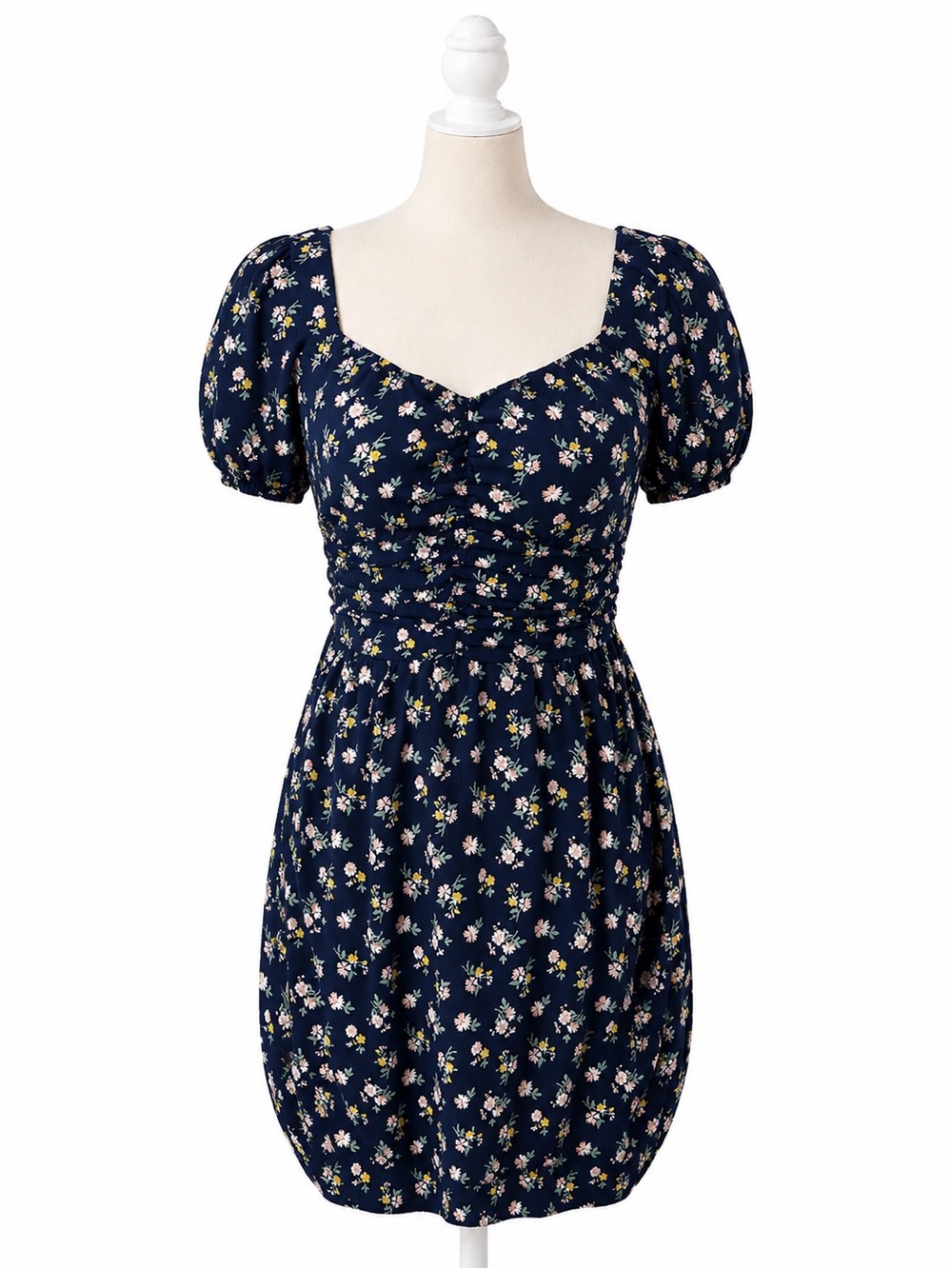 Hollister Floral Puff Sleeve Mini Dress Navy Blue Ruched Cottagecore XS